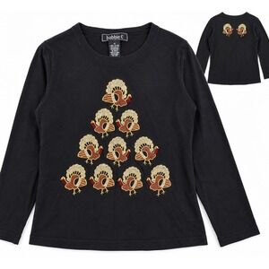 Bobbie C Thanksgiving Shirt Women M Black Embroidered Turkey Beaded Cotton